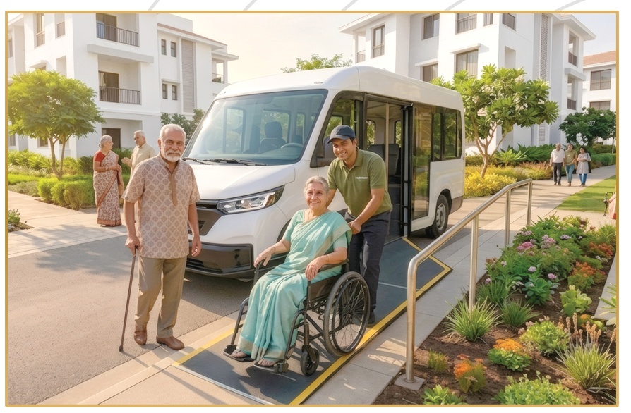 Accessible transport shuttle bus with wheelchair ramp