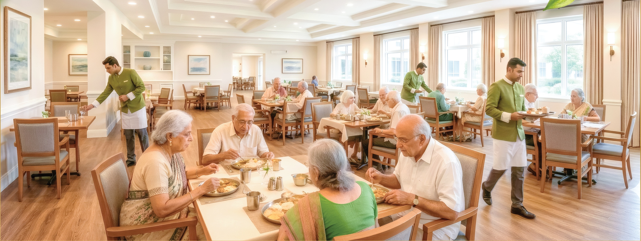 Senior residents enjoying fresh chef-prepared meals in the elegant Contour dining room