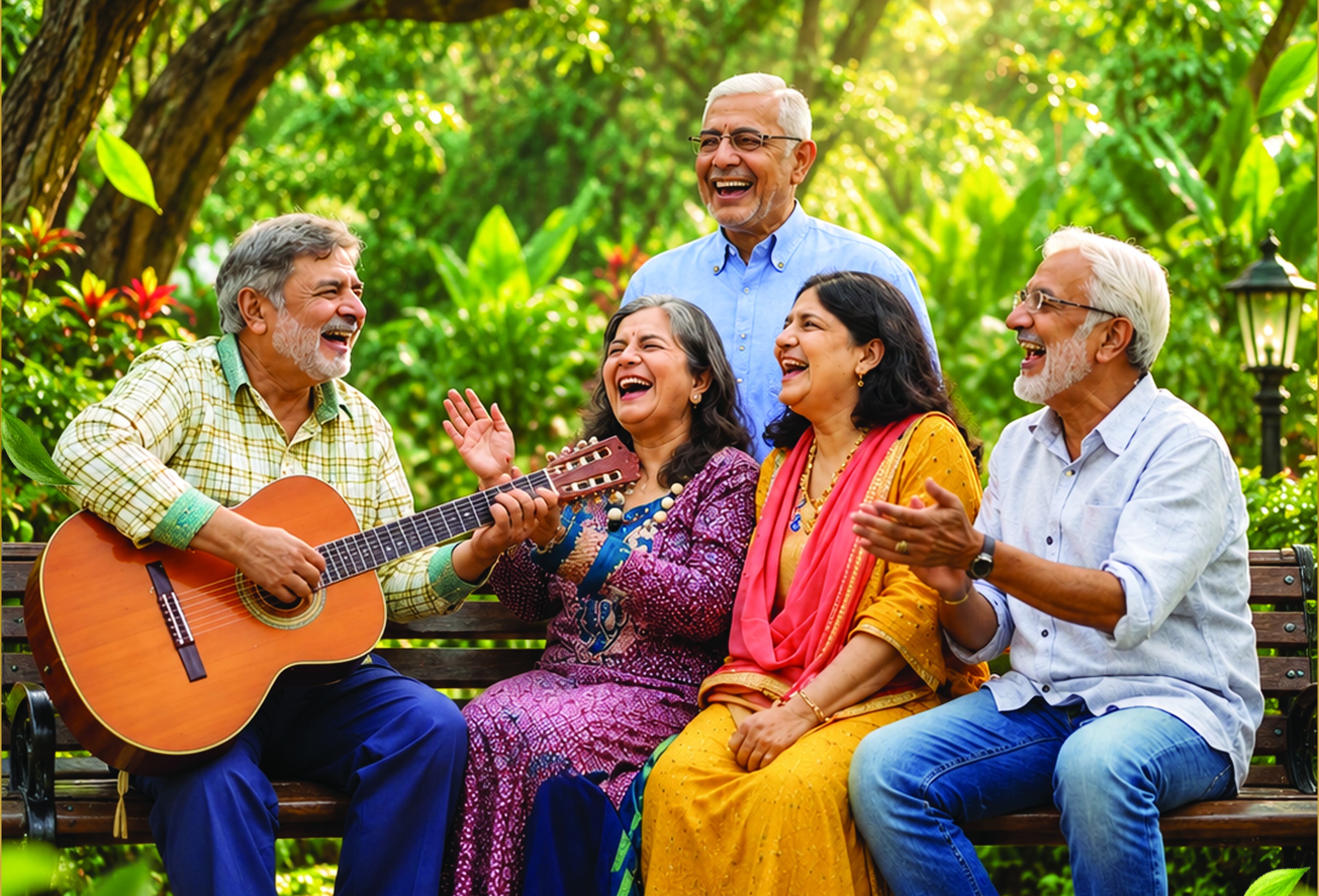 Senior residents singing with guitar in sunlit garden setting
