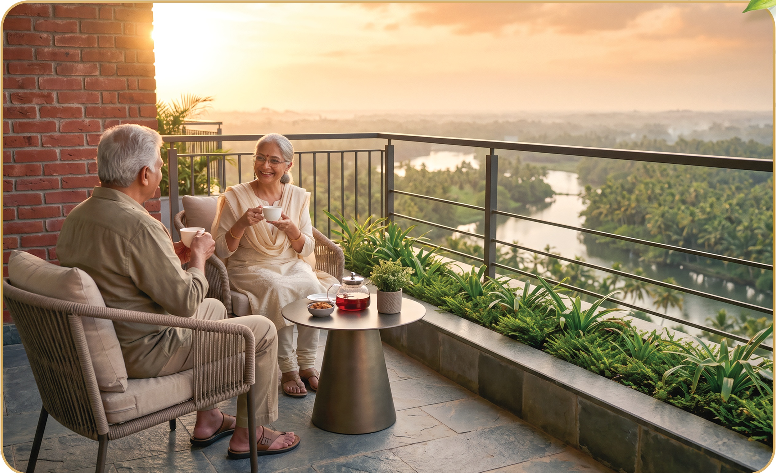 Senior residents enjoying morning tea on private waterfront balcony overlooking Kerala backwaters