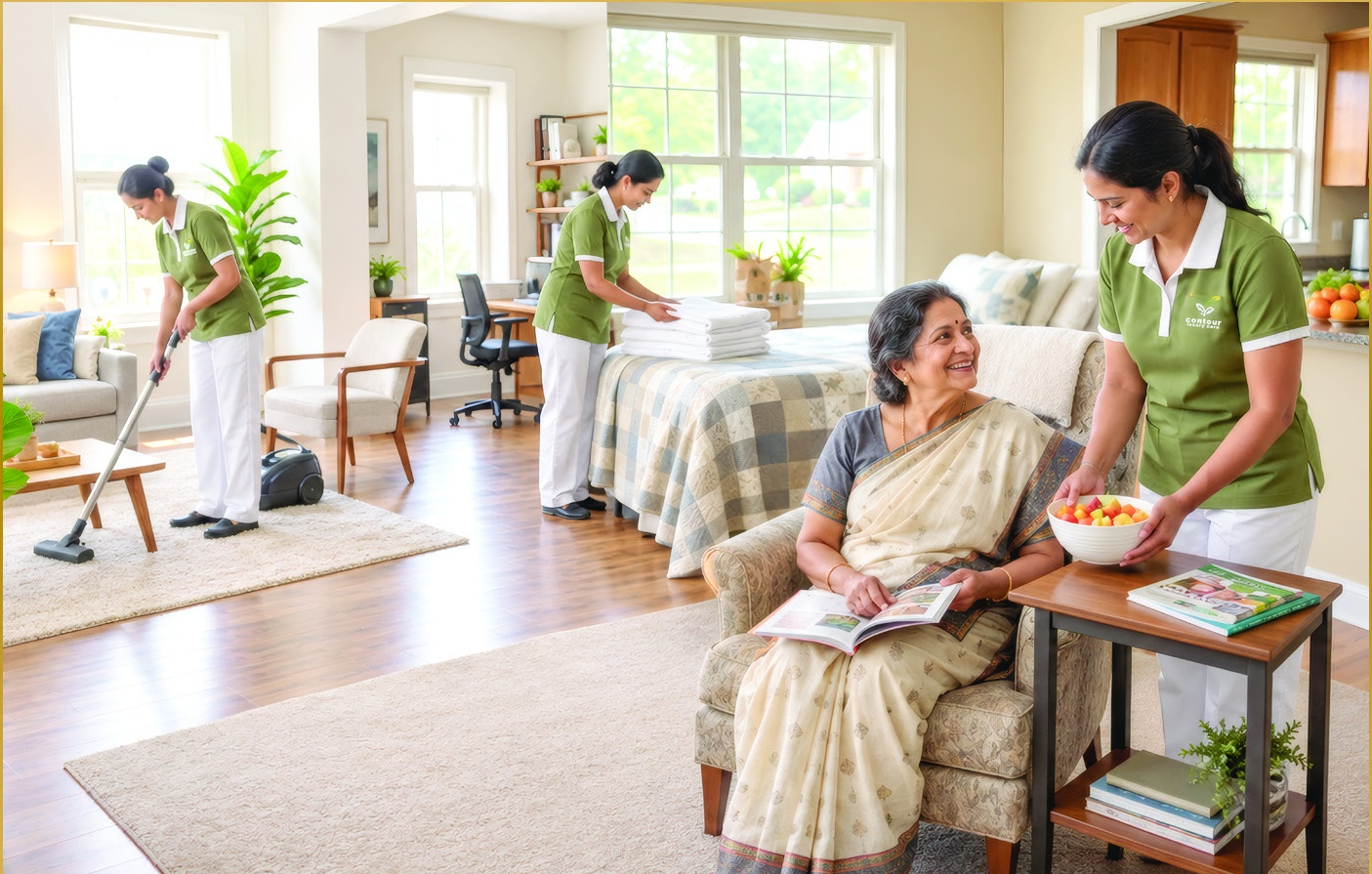 Dedicated housekeeping and assistance staff with senior resident