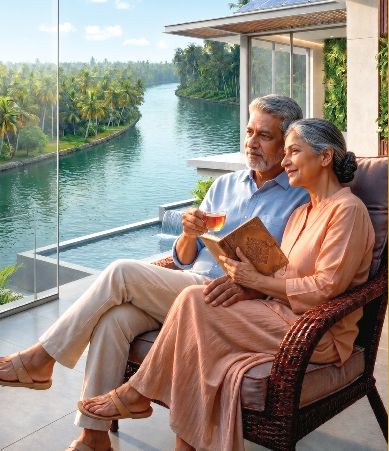 Senior couple enjoying tea on luxury balcony overlooking waterway