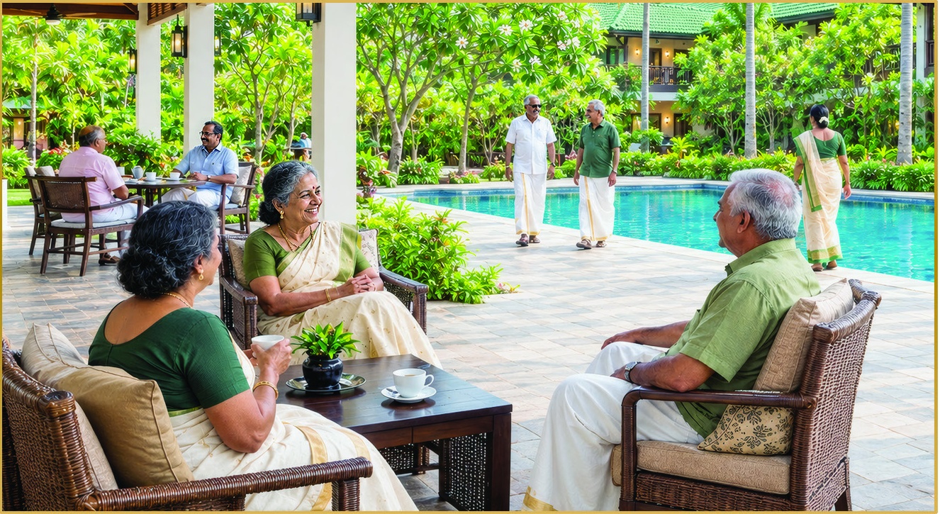 Poolside conversation on landscaped resort patio